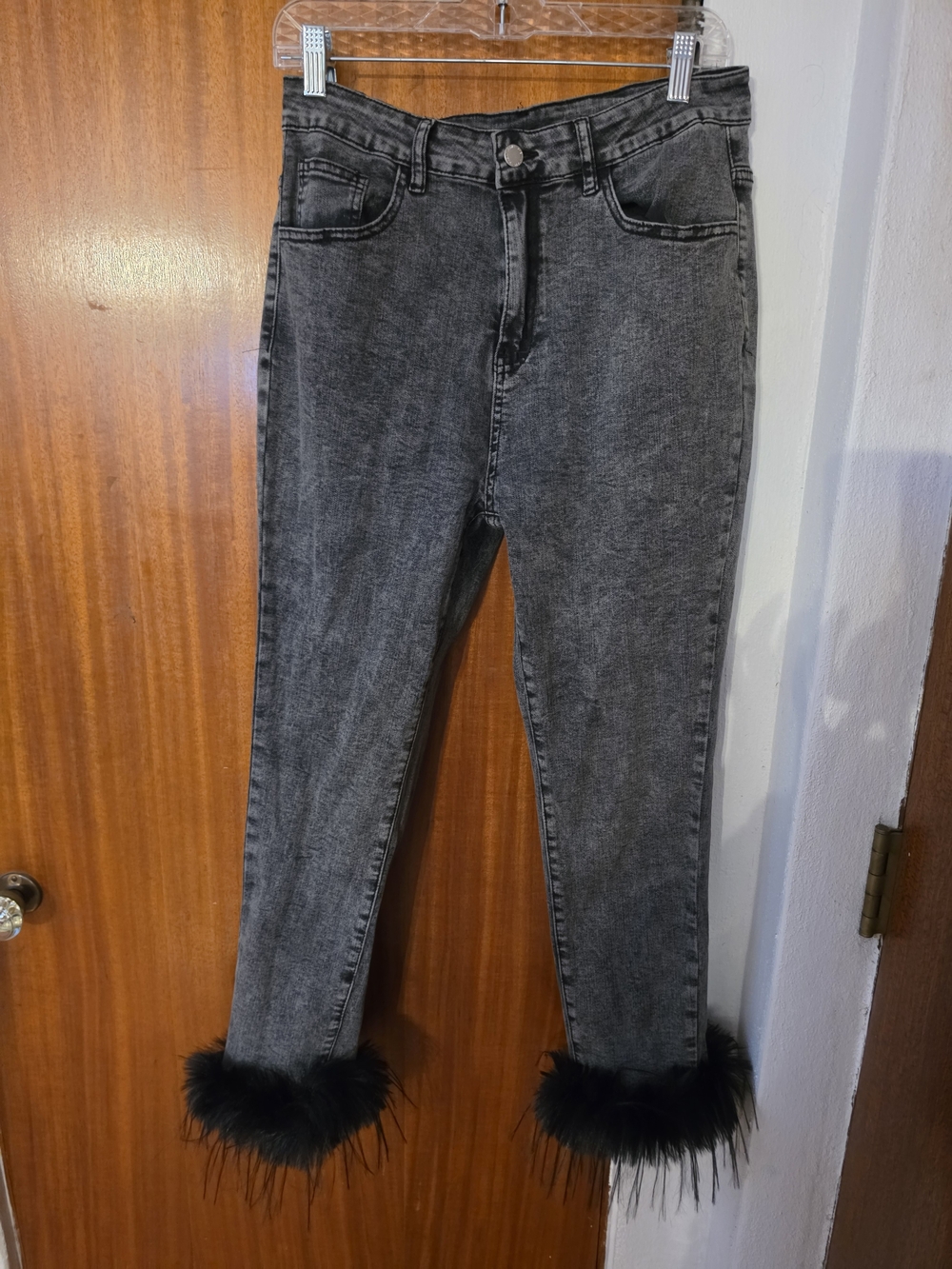 SHEIN Grey Acid-Wash Ankle Jeans with Black Faux-Fur Cuffs